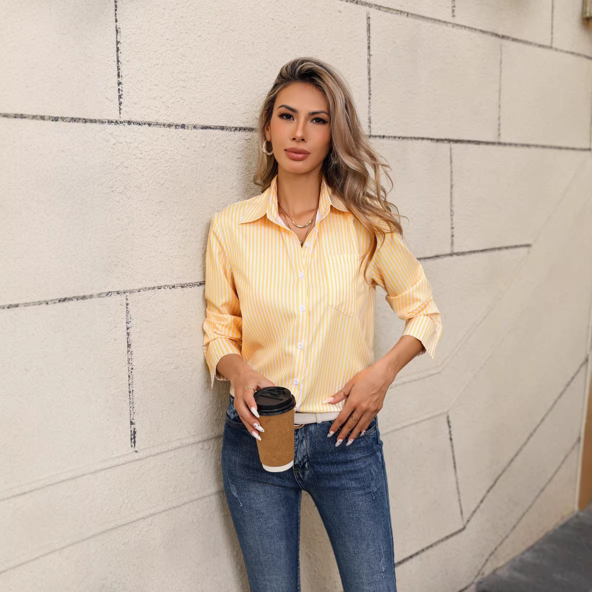 Womens Striped Loose-Fit Casual Collared Long-Sleeve Shirt