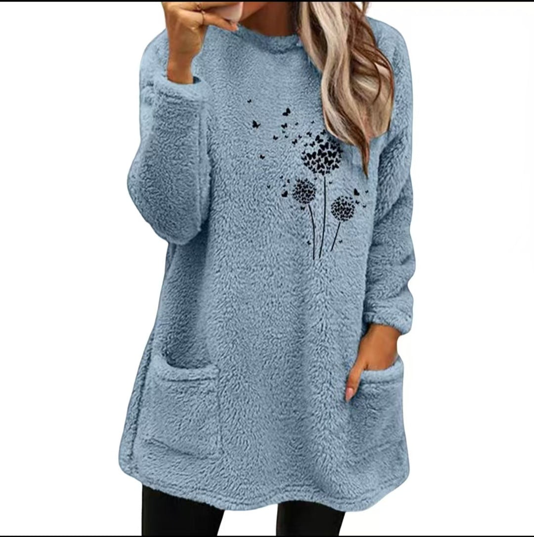 Plant Print Double-sided Velvet Pocket Round Neck Sweater