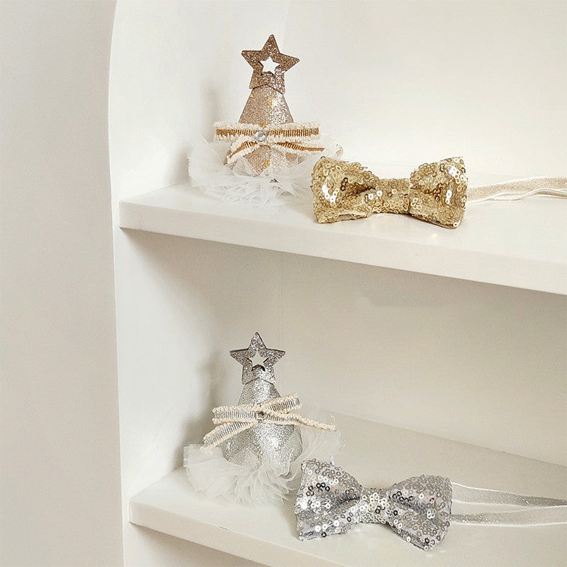 Pet Cat Birthday Gold And Silver Sequins Star Hat Bow