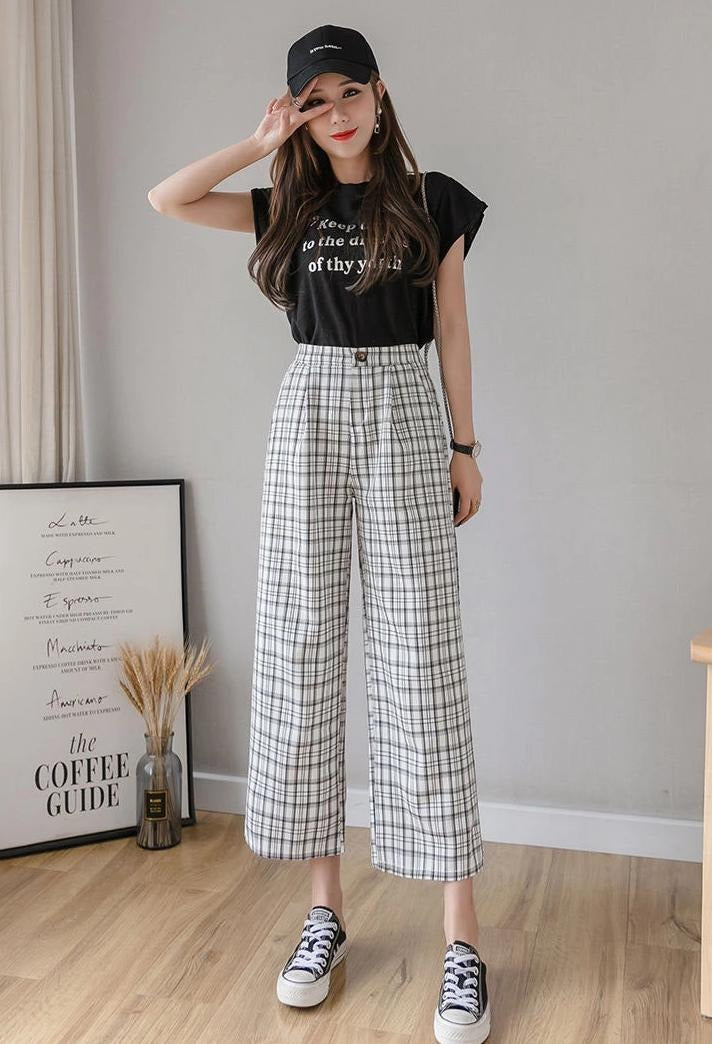 Cotton and linen checked wide-leg pants