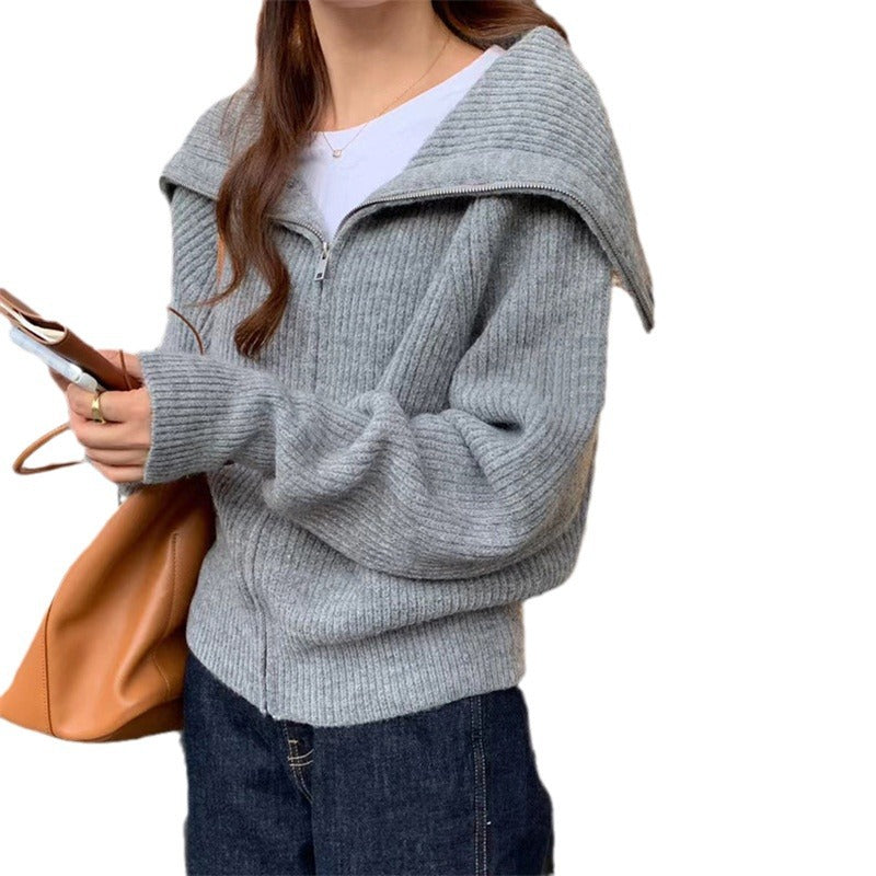 Korean Style Idle Style Large Lapel Knitted Cardigan Zipper Coat