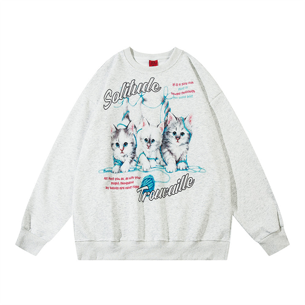 Men's Pullover Kitten Print Loose Round Neck Sweater