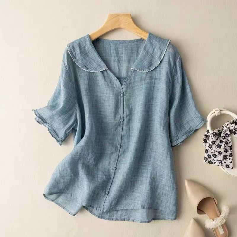 Women's Ramie Artistic Retro Cotton And Linen Doll Collar Loose Top