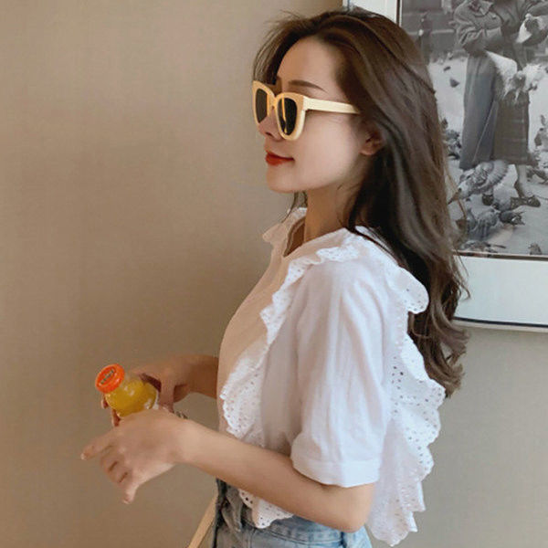 French Women's Summer Fungus White Short-sleeved Shirt