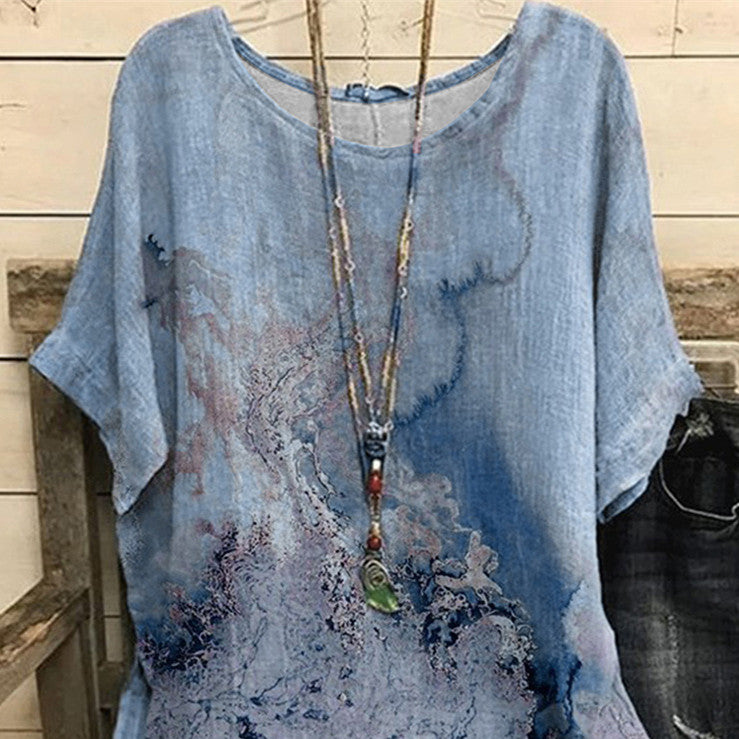 Løs afslappet T-shirt med rundt halsudskæring og print til kvinder