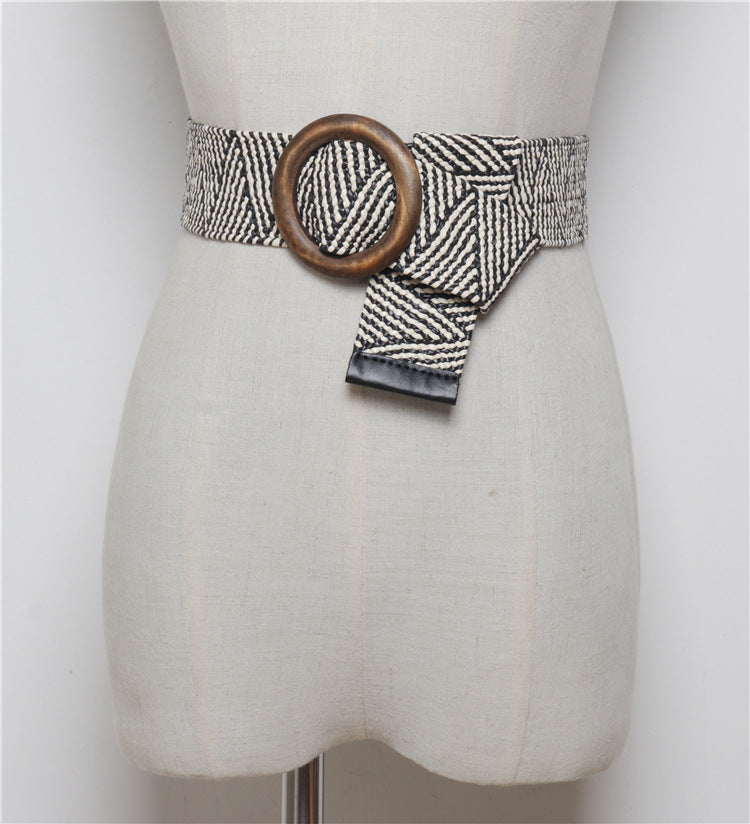 Woven round buckle belt with bohemian wax rope