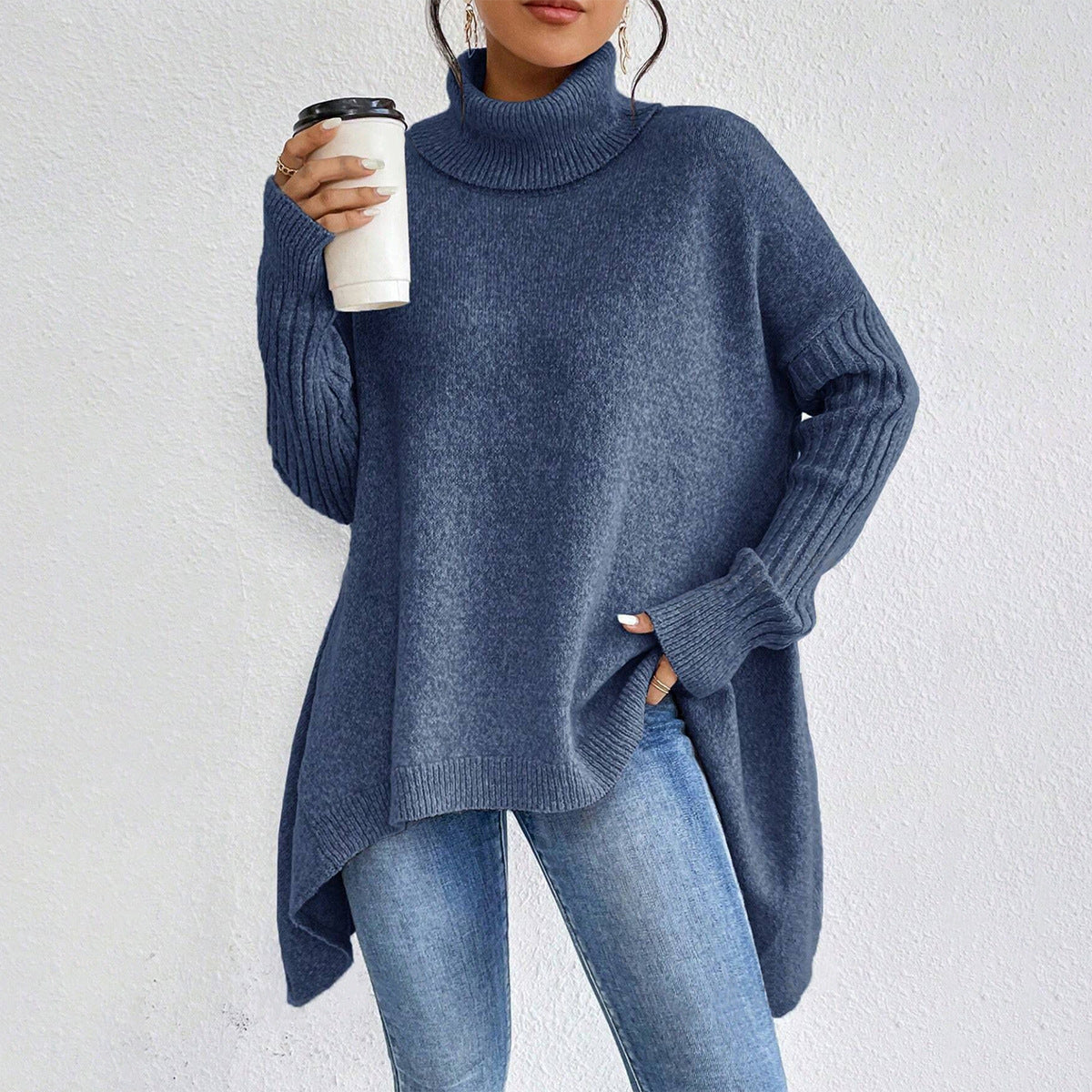 Uregelmæssig rullekrave-sweater Vinter løs langærmet striktoppe Fritids varm pullover-sweater Dametøj