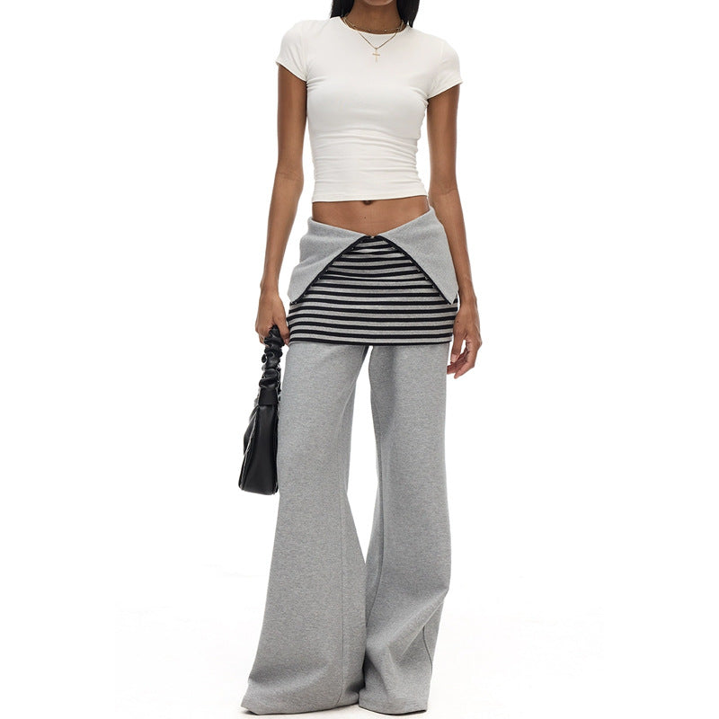 Adjustable Waist Gray Wide Leg Striped Skirt Profile Long Sports Pants Women