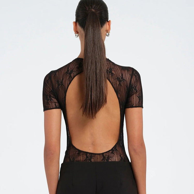 Jacquard Mesh See-through Pleated Slim Fit Short Sleeve Rompers