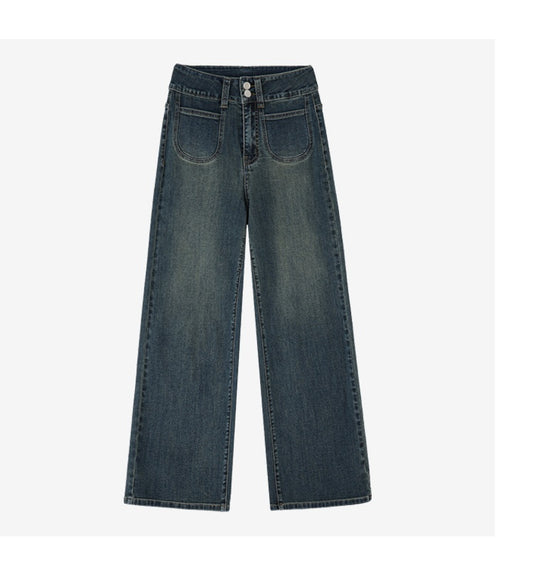 Retro Blue Straight Jeans Women's Autumn And Winter Fleece-lined High Waist