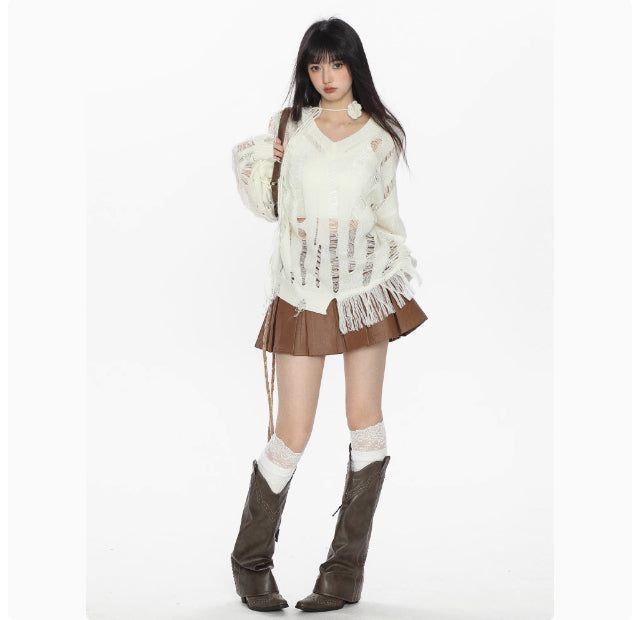 Micro Transparent V-neck Sweater Cutout Blouse Long Sleeve Women