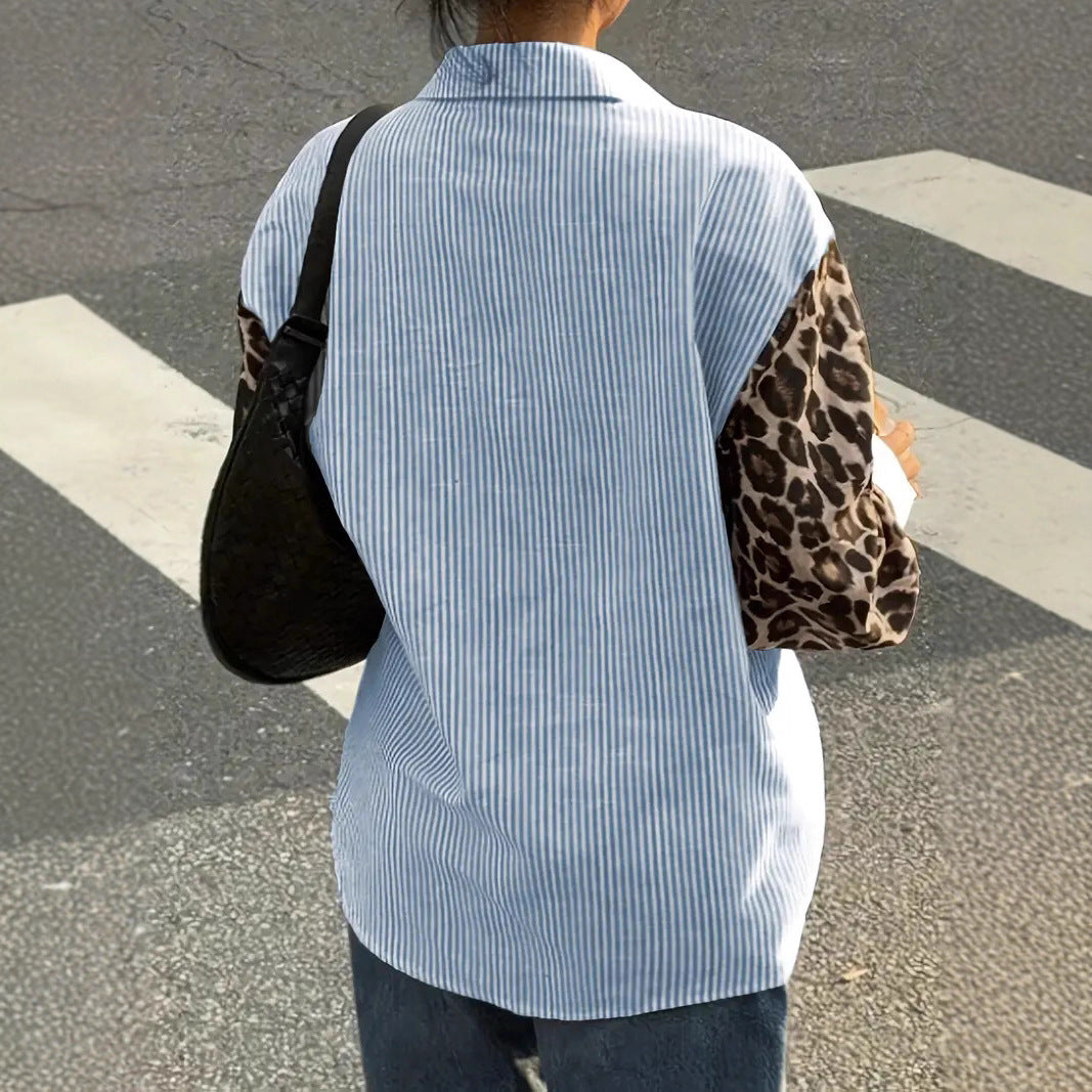 Womens Loose Casual Leopard-Print Patchwork Striped Pocket Long-Sleeve Shirt For Amazon