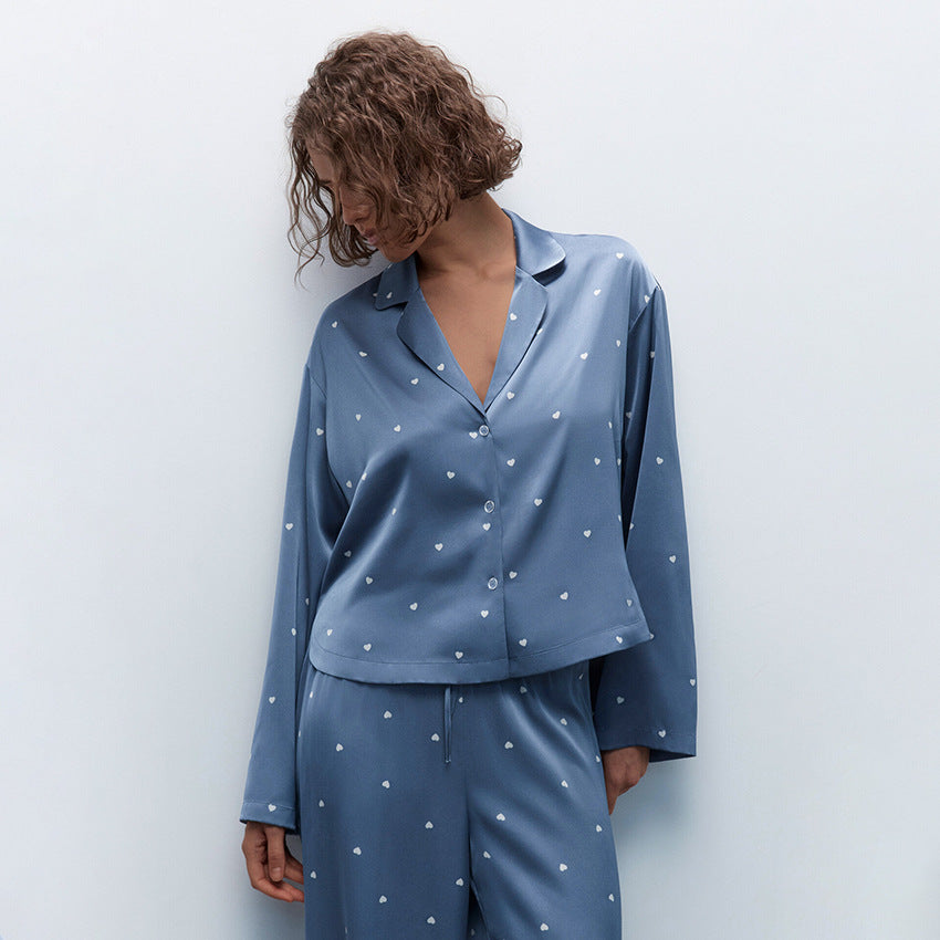 Relaxed-fit Casual Blue Heart-print Pajama Set 2 Pieces