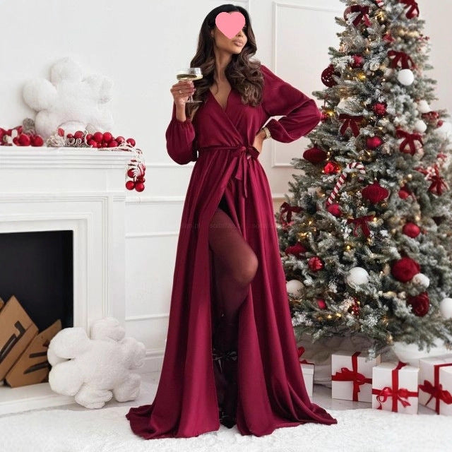 Solid-color Long-sleeve Tie-front Maxi Dress For Women