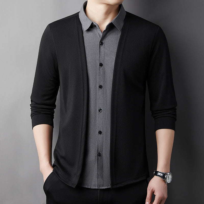 Men's False Two Pieces Shirt Sweater Cardigan Casual Business Sweater
