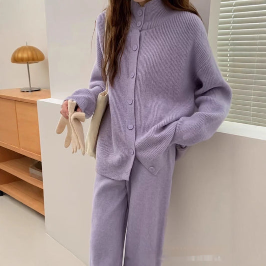 Knitting Suit Women's Half Turtleneck Single-breasted Coat High Waist Wide Leg Pants Fashion