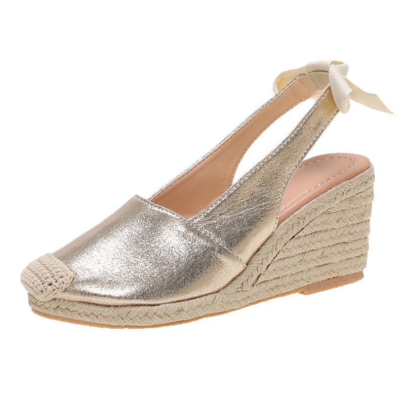 Summer New Hemp Rope Wedges Sandals Female Large Size Bow Snake Print Platform Sandals