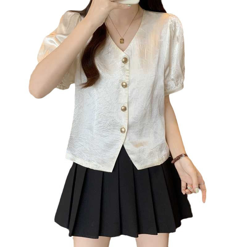 Women's Korean-style V-neck Solid Color Acetate Shirt With Short Sleeves