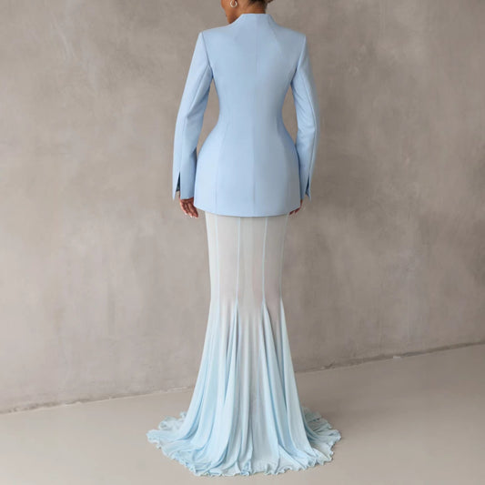 Women's Elegant Waist-Cinching Suit Jacket And Mesh Skirt Set