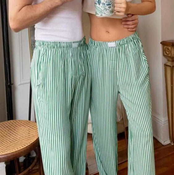 Striped Printed Elastic Waist Drawstring Pocket Straight Casual Trousers