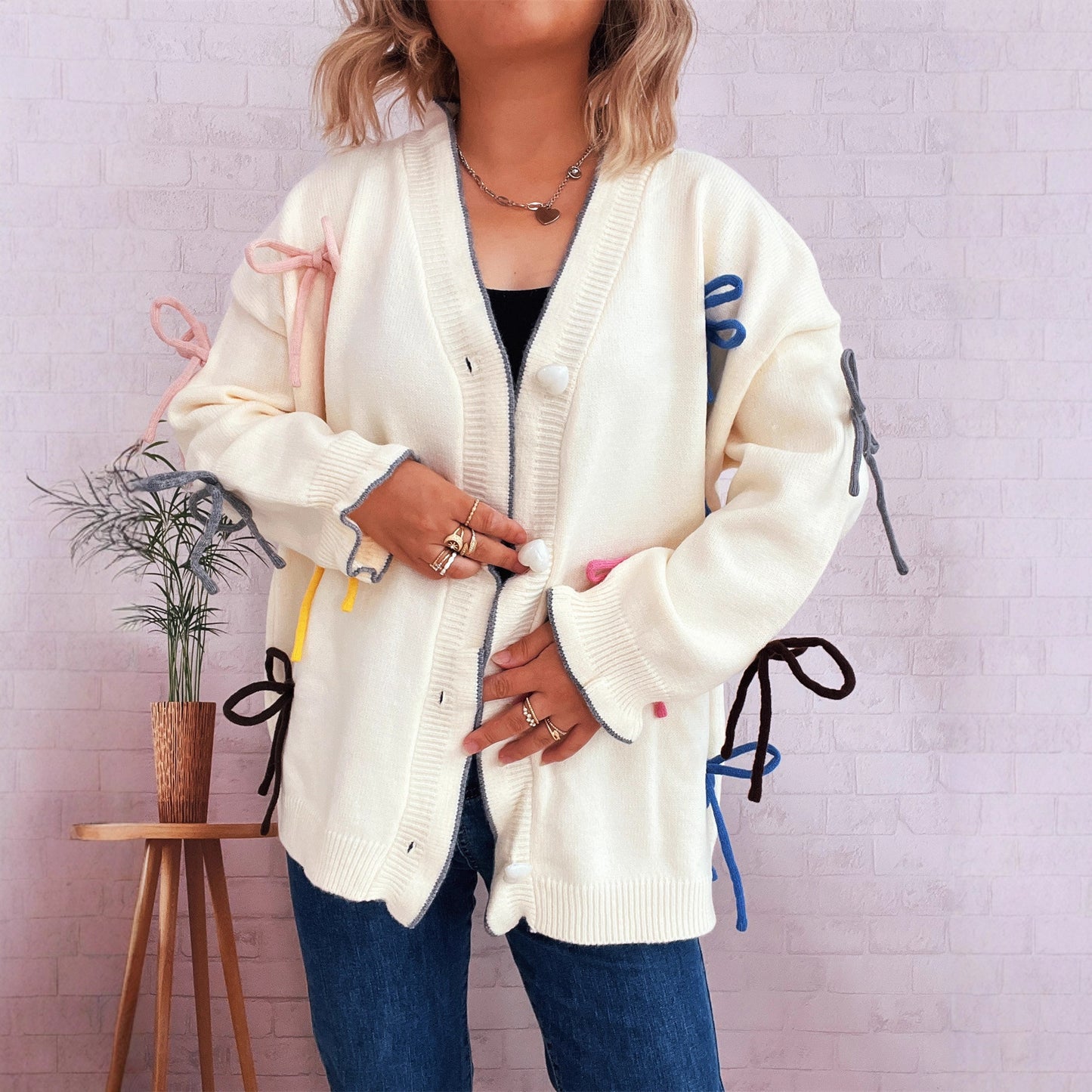 Cute Street Color Bow Decorative Single-breasted Knitted Sweater