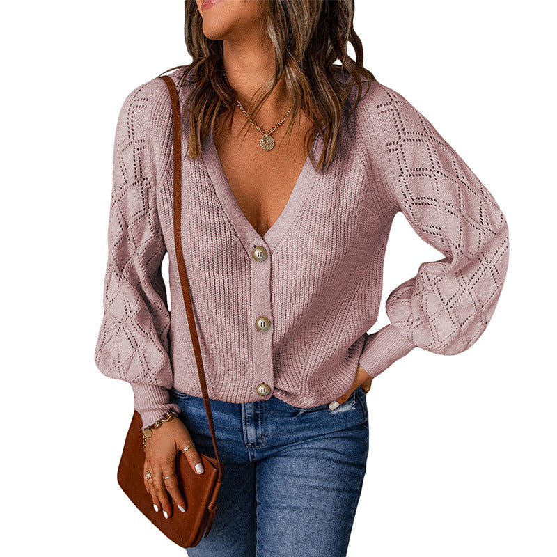 Women's Solid Color Rhombus Puff Sleeve Knitted Sweater Coat