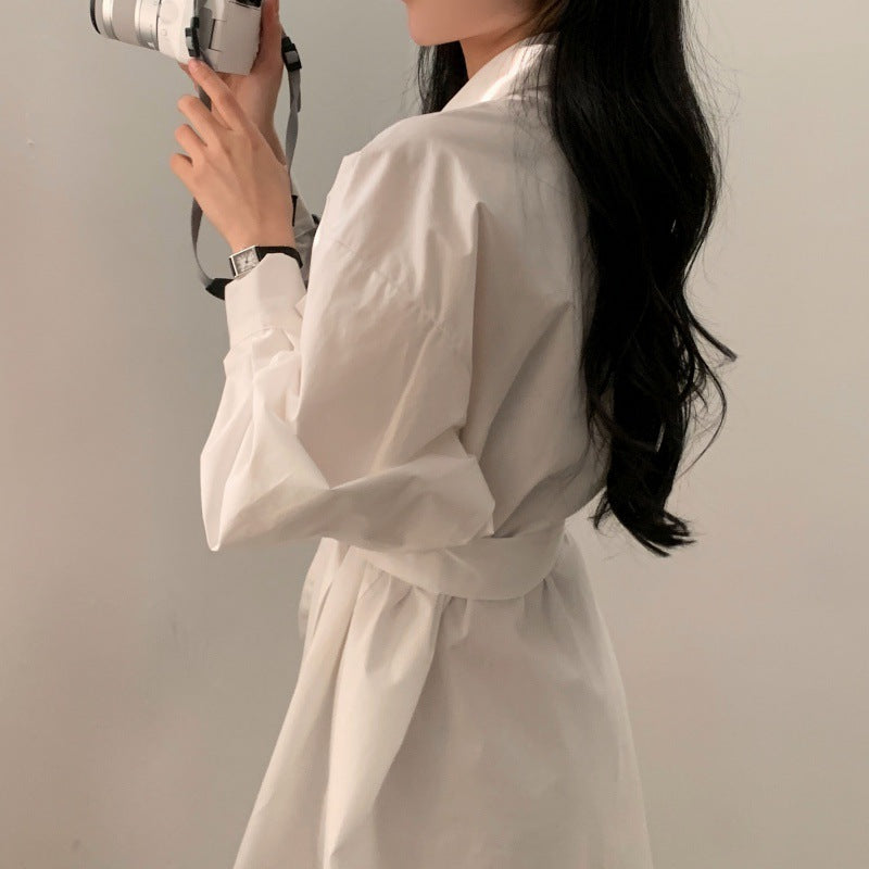 Womens Minimalist Solid-color Loose-fitting Belted Shirt Dress