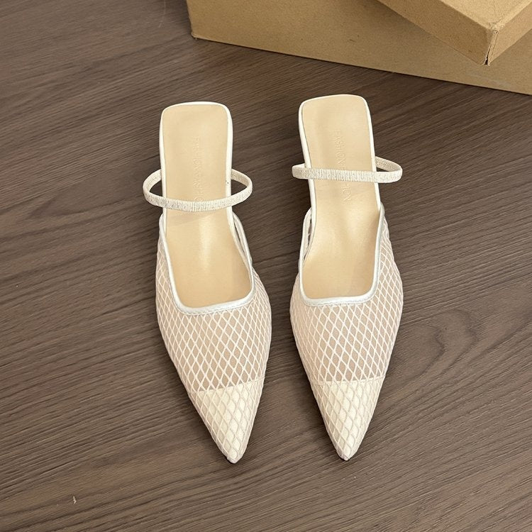 Women's Pink Mesh Pointed Toe Kitten Heel Mules, Breathable One Strap Closed Toe Slides, Fashion Low Heel Sandals For Office Daily Wear