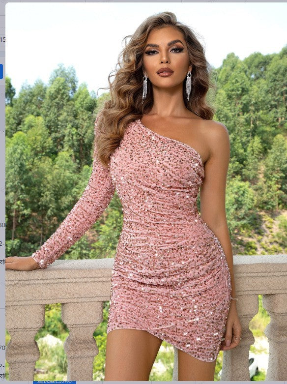Fashionable Sequin One-shoulder Long-sleeve Bodycon Dress
