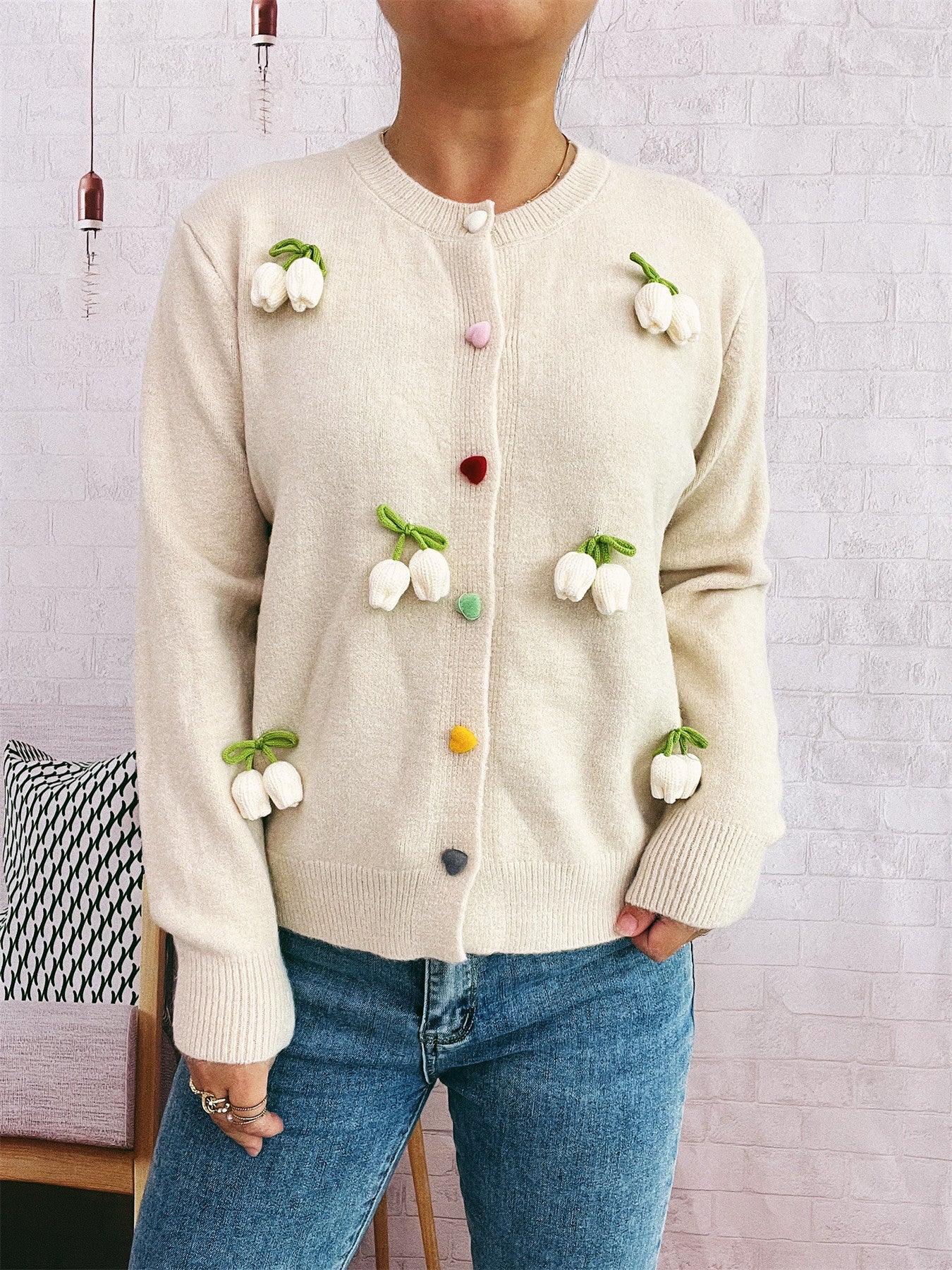 Three-dimensional Decoration Flower Cute Style Knit Casual Valentine's Day Sweater