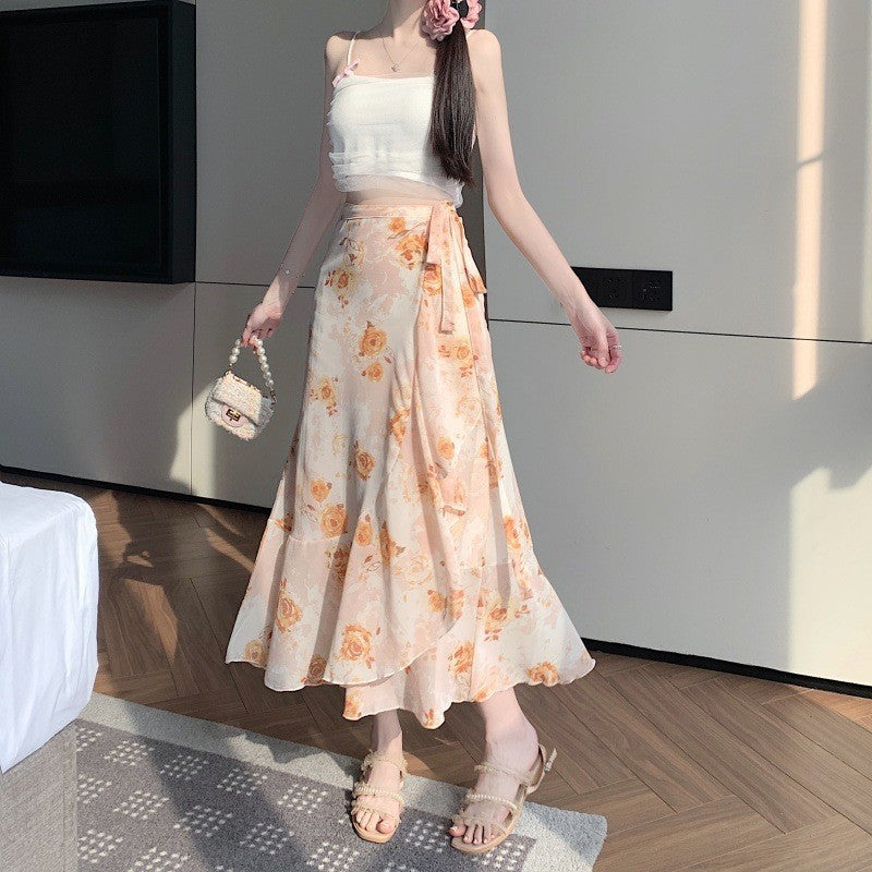 Summer Elegant Printed Chiffon Skirt One-Piece Lace-Up Apron