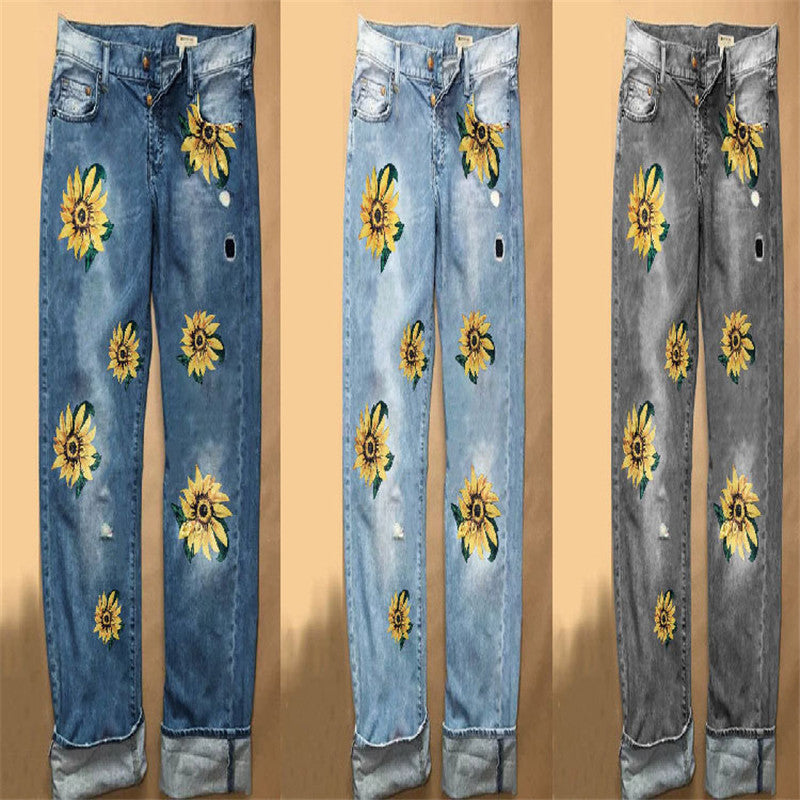 Sunflower Fashion Print Wide-leg Denim Trousers