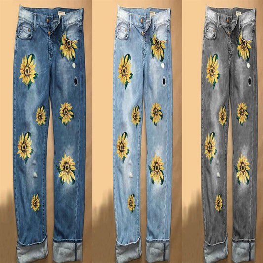 Sunflower Fashion Print Wide-leg Denim Trousers