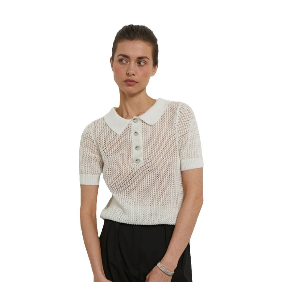 European And American Short Sleeve Lapel Hollow See-through Knitwear Solid Color And V-neck