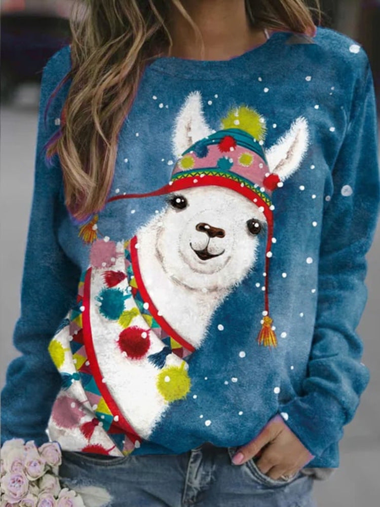 Womens 3D Digital-print Crew-neck Loose Sweater