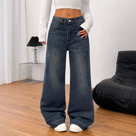 Retro amerikansk-stil damejeans med lange, brede ben og løs pasform i denim