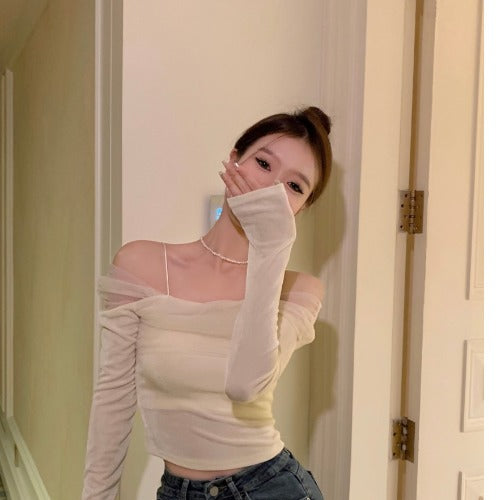 French Mesh Off-shoulder Long Sleeve Top