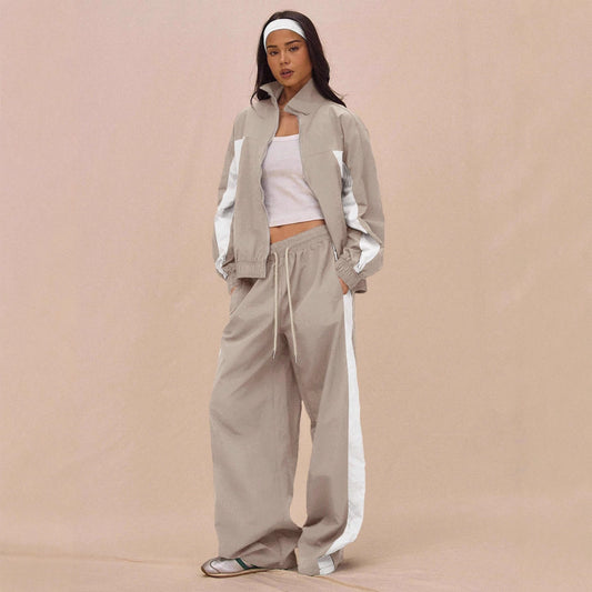 Stylish Womens Striped Zip-Up Jacket And Lace-Up Pants Set