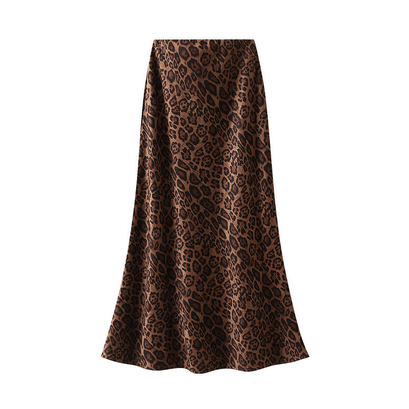 Suede Leopard Print Midi Skirt High Waist