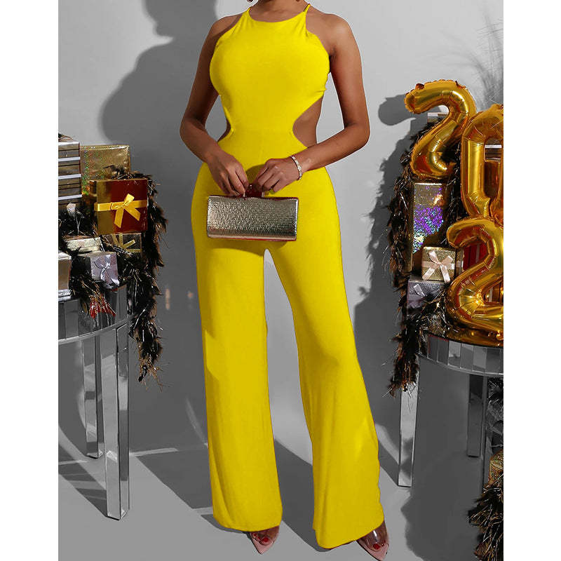 Women's Solid Color Sleeveless Back Mid Length Jumpsuit