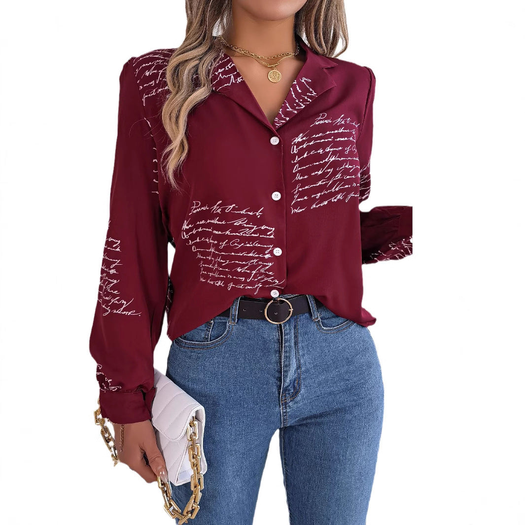 Womens CasualVersatile Longsleeve Shirt With A Lettered Blazer Collar