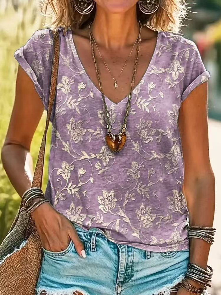Casual Loose Fashion Digital Printing Multi-color Short Sleeve Women