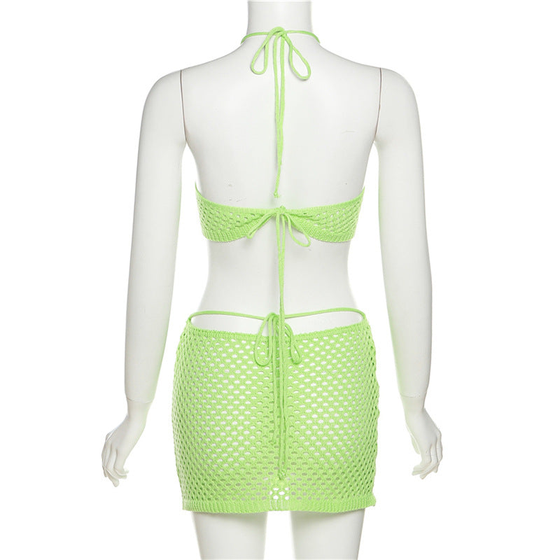 Sexy Knitted See-through Sleeveless Sling Lace-up Backless Sheath Skirt Suit