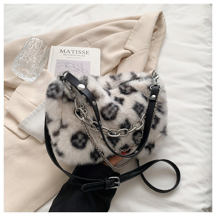 Leopard Pattern Plush Chain Stick Bag Casual