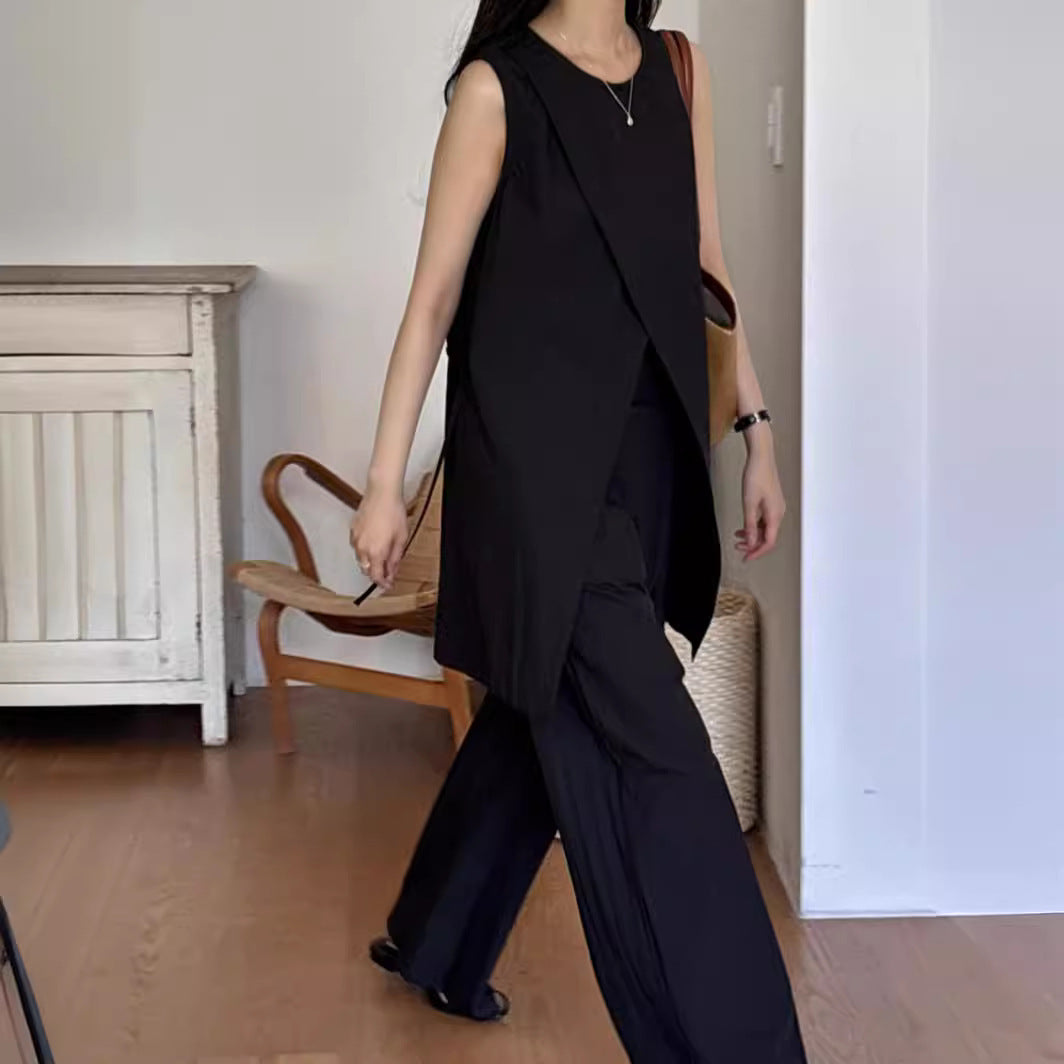 Split Sleeveless Lace-up Top High Waist Wide Leg Pants Two-piece Set