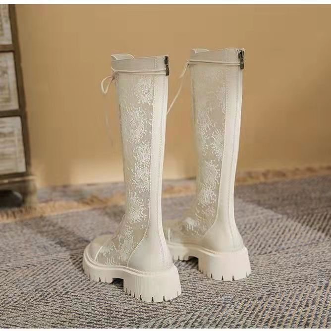 Chunky Heel Cutout Boots Women's White Martin Boots Thin