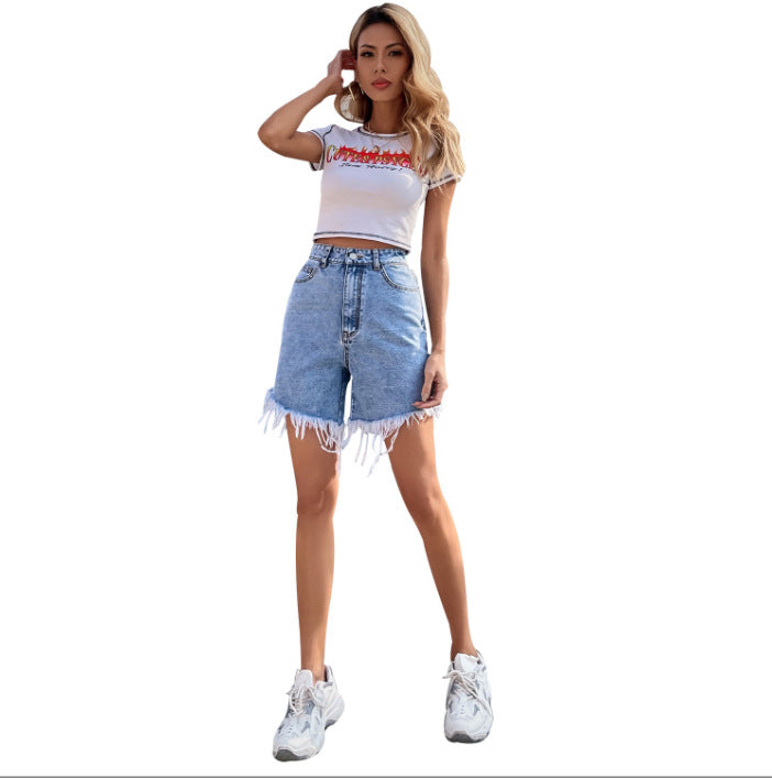 SpringSummer Slimming Raw-Edge Wide-Leg Denim Shorts