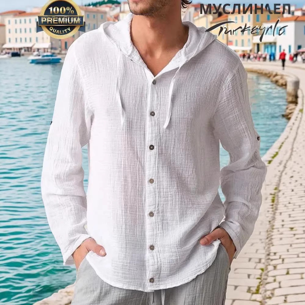 Men's Solid-Colored Long-Sleeve Cardigan Hoodie Cotton Shirt