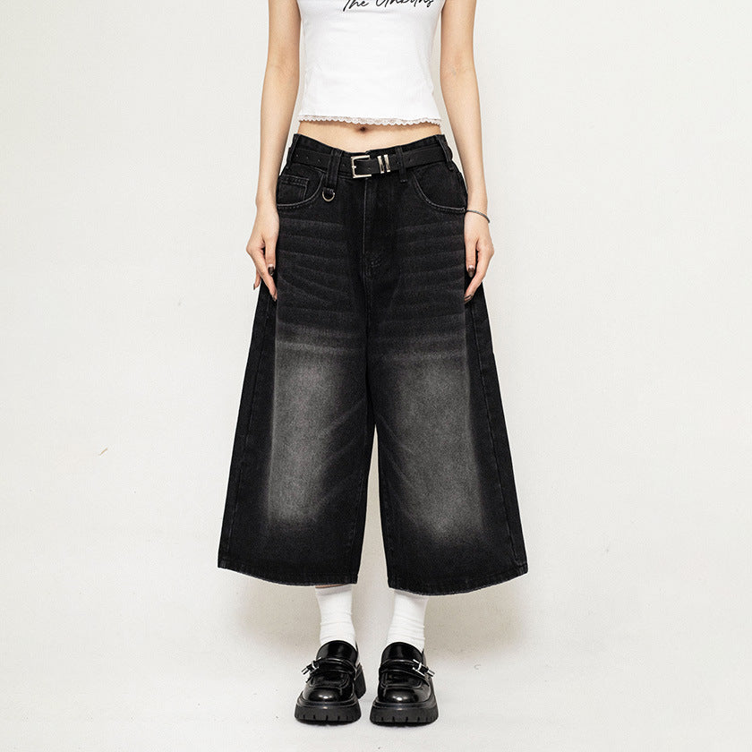 Women's American-style Retro Loose Cropped Denim Wide-leg Pants