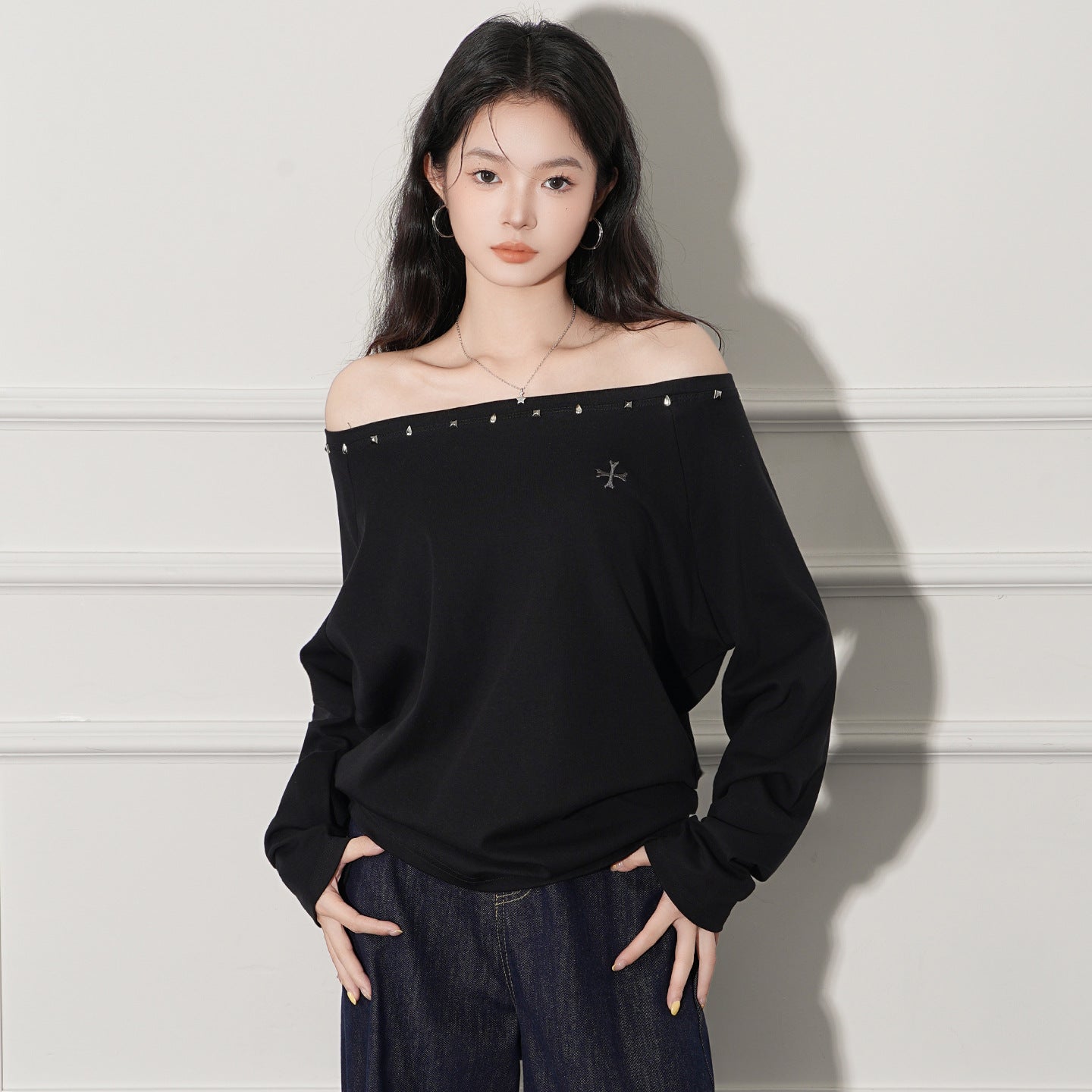 Long Sleeve Women's Loose High-grade Off-shoulder Shoulder-baring Top